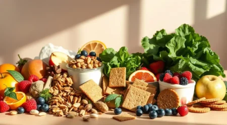 Assorted healthy snacks for blood sugar control including nuts, vegetables with hummus, berries, and Greek yogurt