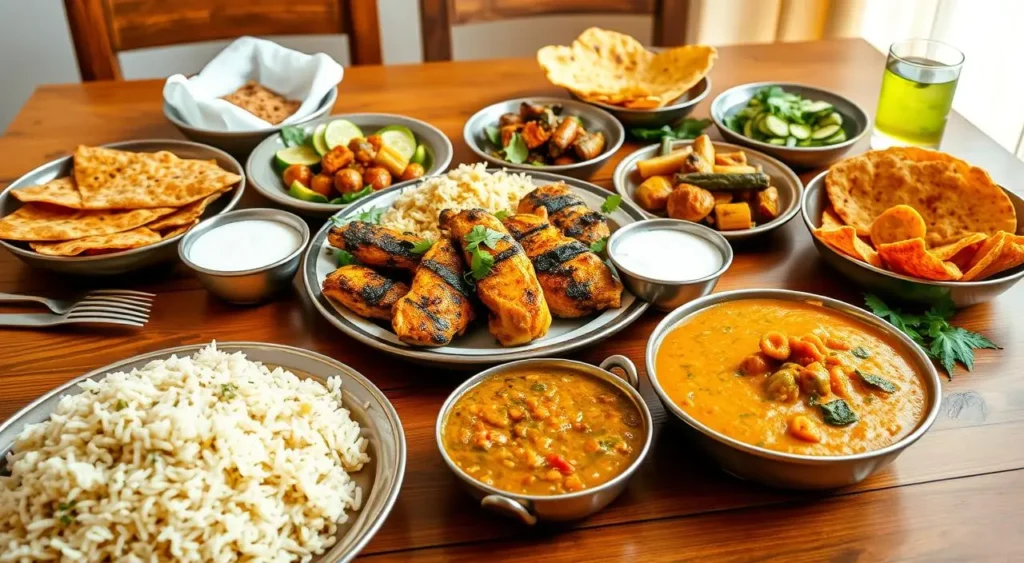 Diabetic-friendly Indian thali with moong dal, sautéed spinach, brown rice, cucumber raita, and grilled paneer.
