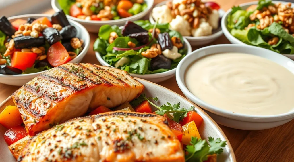 Colorful low-carb diabetic meal with veggie egg muffins, avocado chicken salad, and baked salmon with roasted vegetables, presented on a rustic wooden table.