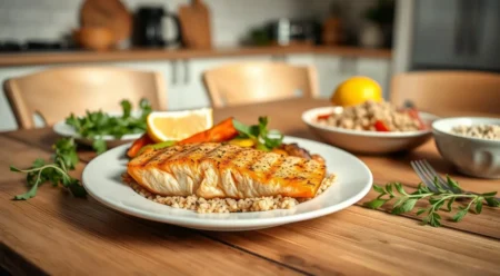 A plate of roasted chicken breast with broccoli and quinoa on a white plate.
